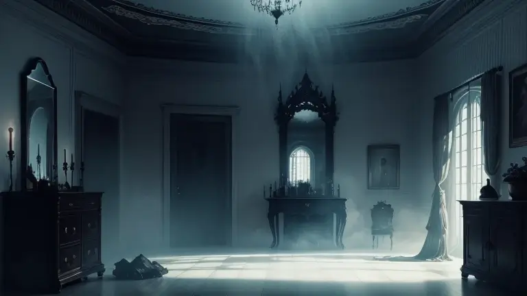 há um espelho no meio de uma sala com fumaça saindo dele, fundo mágico assustador, fundo gótico, fundo assombrado