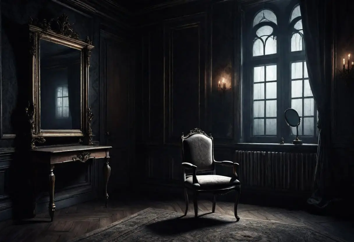 um quarto escuro com uma cadeira e um espelho, eerie nostalgic arte conceitual, photorealistic dark arte conceitual, quarto de uma mansão escura