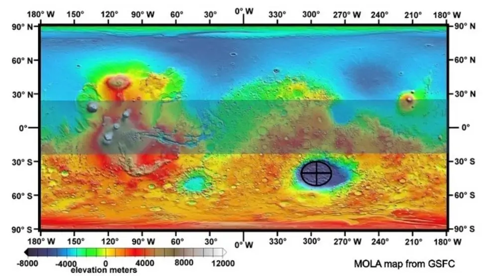 Mapa de Marte com os trópicos (±25°) sombreados. Com aquecimento de efeito estufa suficiente, a primeira árvore em Marte cresce fora dos trópicos na Bacia de Hellas.