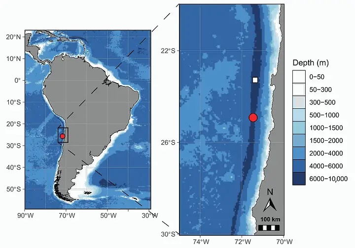 A Fossa do Atacama se estende pelo leste do Oceano Pacífico Sul, atingindo profundidades que excedem 8.000 metros. O ponto vermelho indica o local onde a nova criatura marinha foi encontrada.