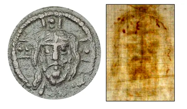 À direita, uma moeda de bronze cunhada em Constantinopla entre 969 e 976 d.C.; à esquerda, a imagem facial do Sudário de Turim.