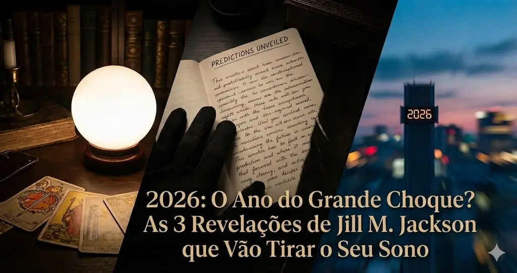 Montagem dividida mostrando uma bola de cristal acesa, cartas de tarô e mãos de luva preta segurando um diário "Predictions Unveiled" à esquerda, e uma cidade noturna desfocada com um relógio marcando "2026" à direita. O texto sobreposto diz: "2026: O Ano do Grande Choque? As 3 Revelações de Jill M. Jackson que Vão Tirar o Seu Sono".