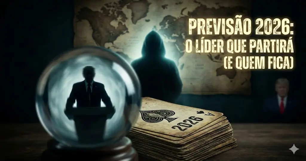 Imagem misteriosa de uma bola de cristal com silhueta de líder mundial, cartas de tarô marcadas com 2026 e mapa-múndi ao fundo, ilustrando a previsão da vidente Selina Avalon.