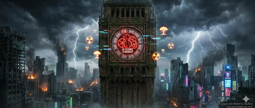 Cena panorâmica pós-apocalíptica de Londres durante uma tempestade elétrica, com a torre do Big Ben em ruínas e coberta de vegetação. O mostrador do relógio brilha em vermelho intenso com falhas digitais, exibindo o texto "85 SECONDS TO MIDNIGHT", cercado por ícones flutuantes de radiação nuclear e cogumelos atômicos. A cidade ao redor está destruída e em chamas.