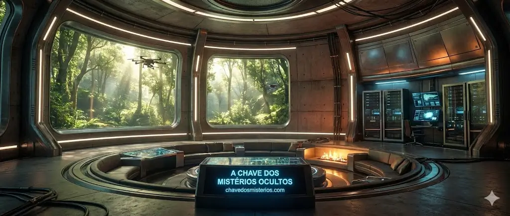 Sala de estar futurista em um bunker subterrâneo de luxo. Paredes curvas de concreto reforçado e painéis metálicos com iluminação LED. Grandes telas digitais simulam uma vista de floresta ensolarada com um drone voando. No centro, um sofá circular rebaixado envolve uma mesa digital azul brilhante exibindo o texto "A CHAVE DOS MISTÉRIOS OCULTOS" e "chavedosmisterios.com". Racks de servidores e telas de controle estão na parede direita.