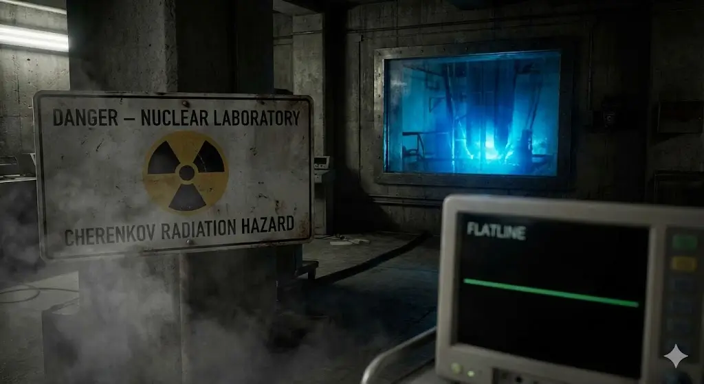 Laboratório nuclear escuro com sinal de perigo, luz azul de radiação Cherenkov ao fundo e monitor médico em flatline no primeiro plano.