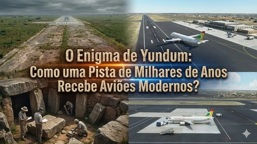 Montagem visual comparando uma pista de pouso antiga e desgastada com escavações arqueológicas e dólmens (esquerda) e o moderno Aeroporto de Yundum com um avião da Air Senegal (direita), ilustrando o título central: "O Enigma de Yundum: Como uma Pista de Milhares de Anos Recebe Aviões Modernos?".