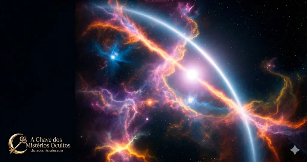 Texto Alternativo (Alt Text): Ilustração astronômica da estrela anã branca RXJ0528+2838 com uma onda de choque em arco dourada e violeta, apresentando o logotipo oficial do portal A Chave dos Mistérios Ocultos no canto inferior esquerdo.