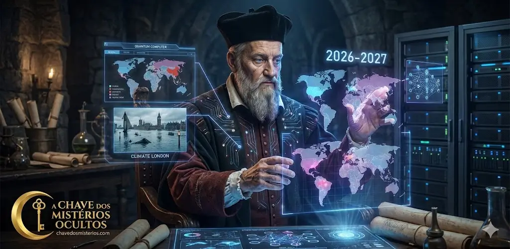 Michel de Nostradamus em uma sala de servidores futurista, manipulando mapas mundiais holográficos e dados digitais. A imagem mostra as datas 2026-2027 e um alerta de inundação em Londres, com o logotipo do site A Chave dos Mistérios Ocultos no canto inferior esquerdo.