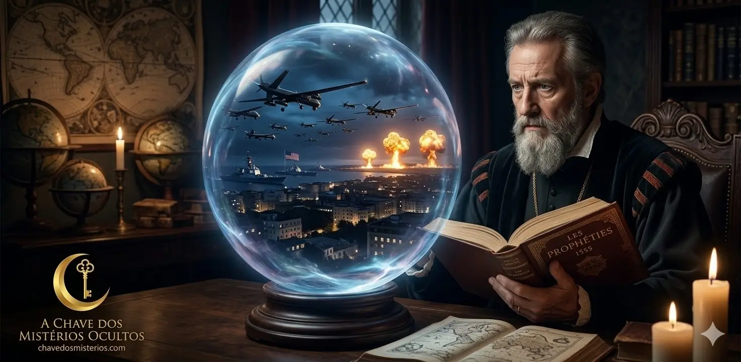 Nostradamus em seu escritório segurando o livro Les Propheties de 1555, observando uma esfera de cristal que projeta drones militares sobrevoando uma cidade em chamas; logotipo dourado de A Chave dos Mistérios Ocultos no canto inferior.