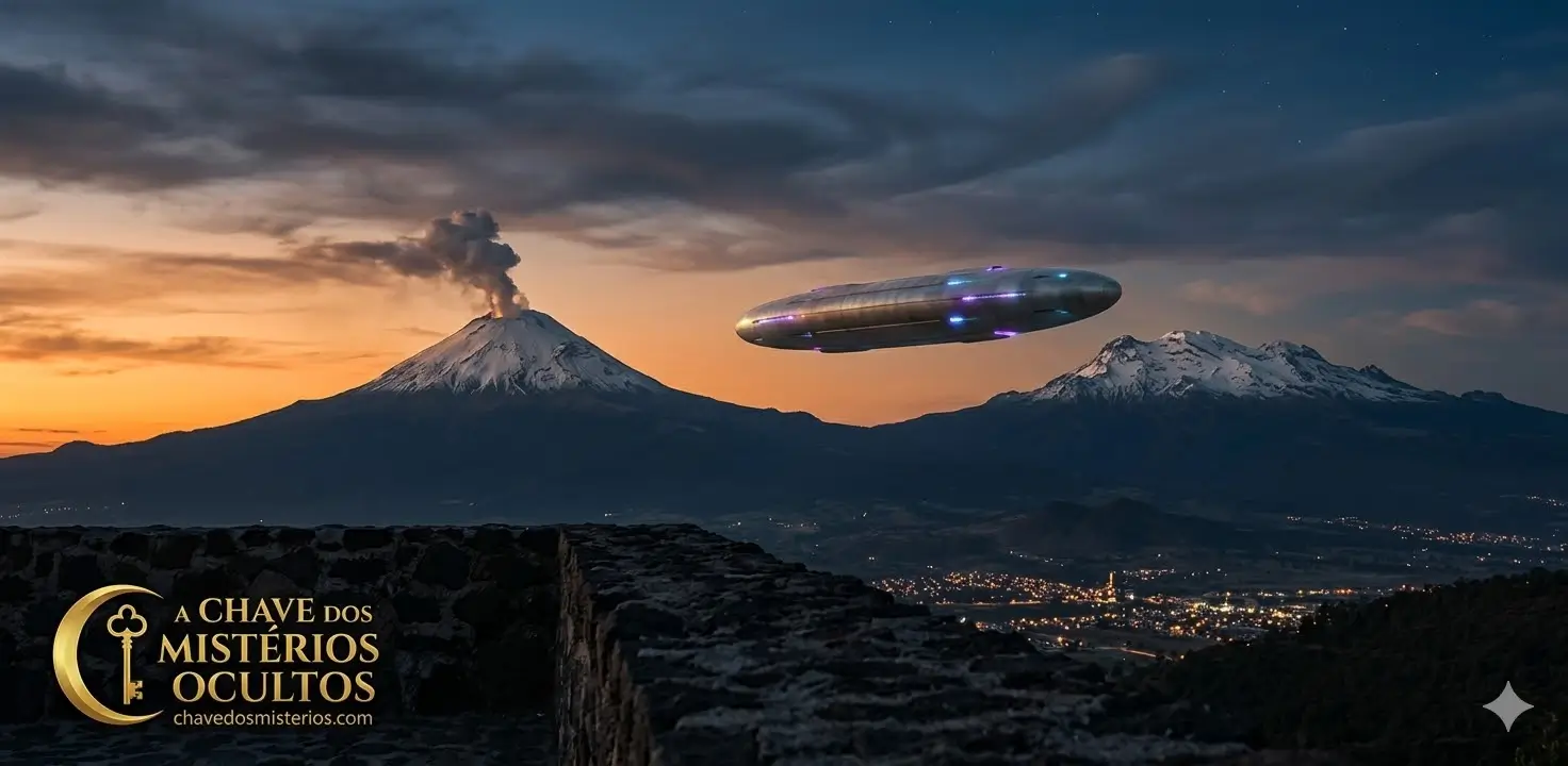 Vista panorâmica dos vulcões Popocatépetl e Iztaccíhuatl ao entardecer com um OVNI cilíndrico metálico e luzes azuis pairando entre os picos, exibindo o logotipo dourado de A Chave dos Mistérios Ocultos.