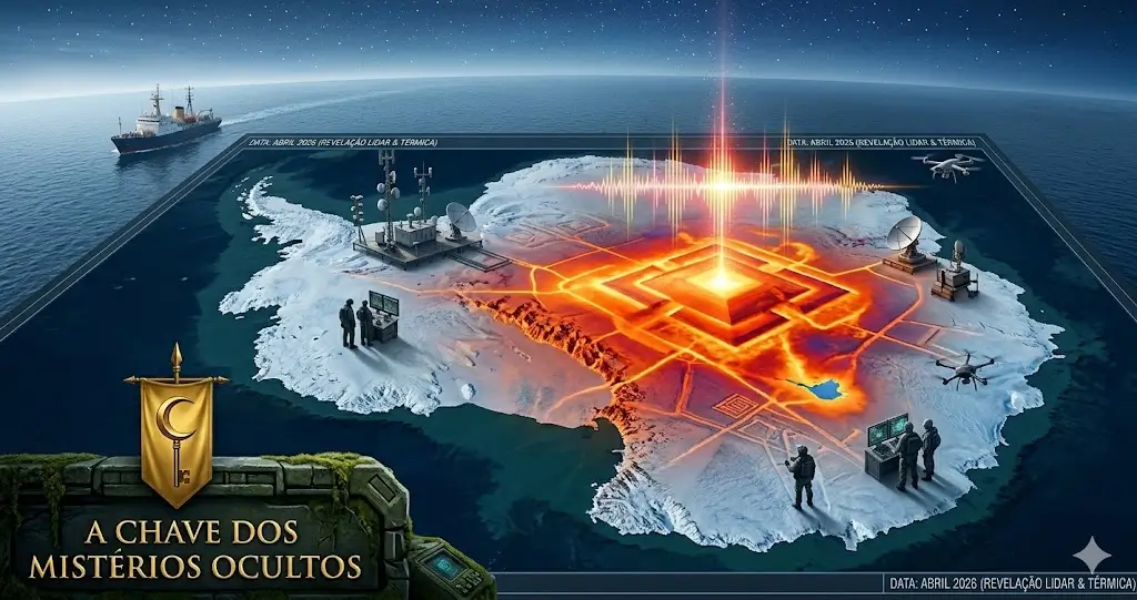 Vista tecnológica da Antártida com um mapa de calor infravermelho pulsante em tons de laranja e vermelho sobre o Lago Vostok. Silhuetas de investigadores e monitores de alta tecnologia observam a anomalia em abril de 2026. Logotipo dourado de A Chave dos Mistérios Ocultos presente.