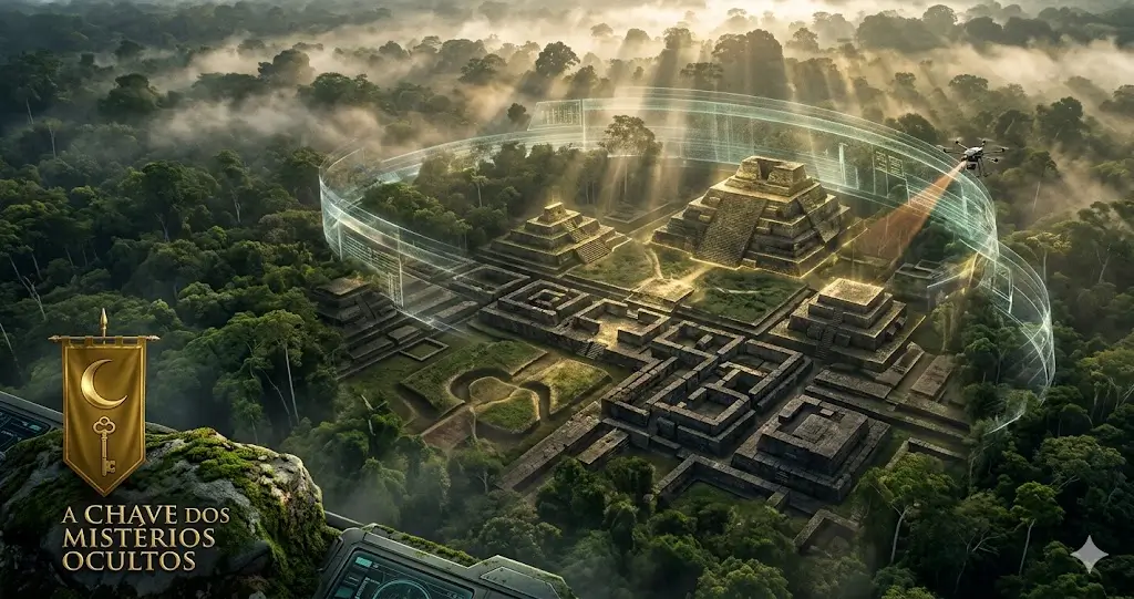 Vista aérea cinematográfica de uma selva densa na Amazônia (Acre) revelando pirâmides e estruturas de pedra dourada semi-enterradas sob a vegetação. Luz solar dramática filtrada pela névoa. Logotipo dourado da A Chave dos Mistérios Ocultos no canto inferior esquerdo.