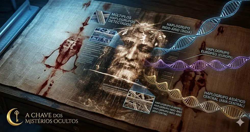 Rosto do homem no Sudário de Turim com sobreposição de hélices de DNA brilhantes e rótulos científicos em português indicando múltiplos haplogrupos geográficos da Índia, Europa e Ásia Central. Logotipo dourado de A Chave dos Mistérios Ocultos no canto inferior esquerdo.