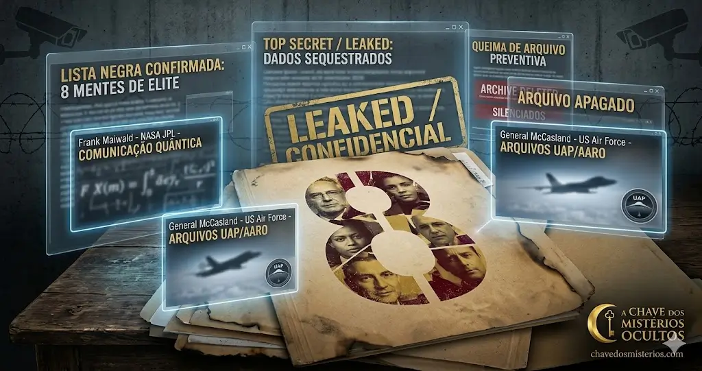 Uma pasta de arquivo sobre uma mesa de madeira escura com um grande número "8" estilizado contendo fotos de rostos. Janelas digitais flutuantes exibem nomes como Frank Maiwald e General McCasland, com carimbos de "LEAKED" e "CONFIDENCIAL". Ao fundo, câmeras de vigilância e arame farpado. Logotipo "A Chave dos Mistérios Ocultos" no canto inferior.