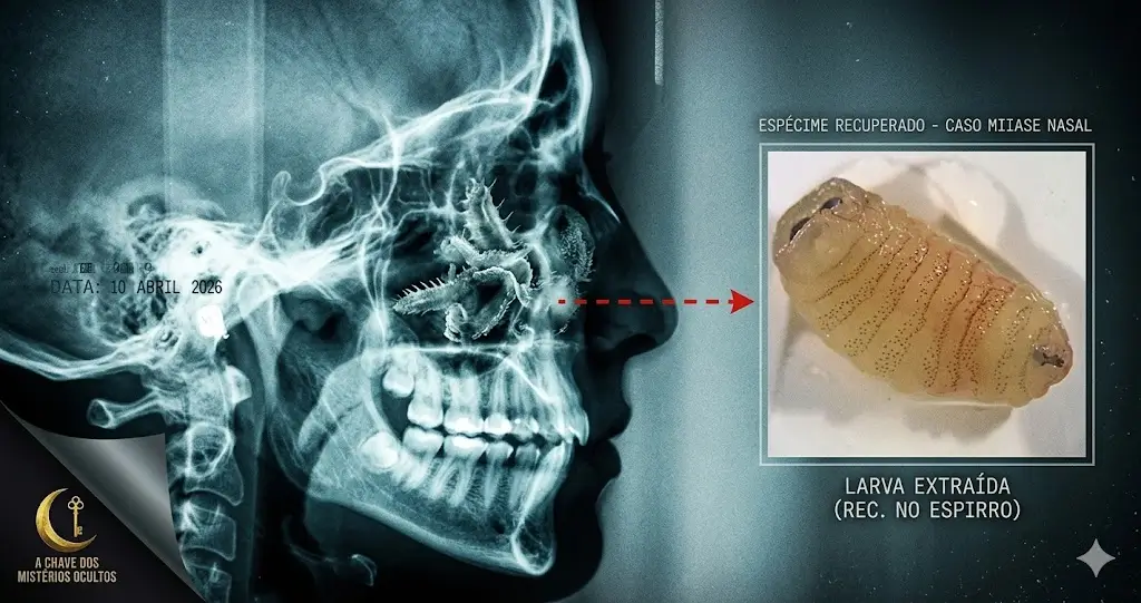 Raio-X lateral de um crânio humano mostrando formas orgânicas e insetos infestando a cavidade nasal, datado de 10 de abril de 2026. Ao lado, um quadro de destaque exibe a foto real de uma larva amarela extraída. No canto inferior esquerdo, o logotipo dourado de A Chave dos Mistérios Ocultos sobre um efeito de página virada.