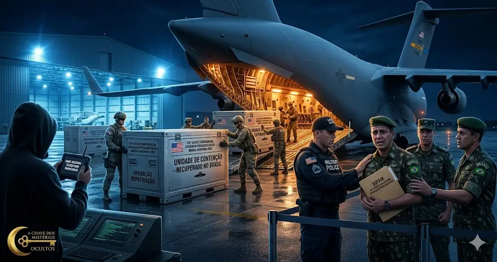 Ilustração cinematográfica de uma base aérea brasileira à noite. Militares dos EUA carregando caixas metálicas marcadas como 'Unidade de Contenção - Recuperado no Brasil' em um avião de carga C-17 da USAF. Oficiais brasileiros da FAB aparecem frustrados e barrados por um policial militar americano. Logotipo dourado de A Chave dos Mistérios Ocultos no canto inferior esquerdo.