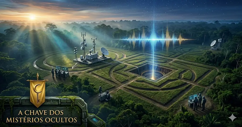 Vista aérea ao pôr do sol de geoglifos geométricos no Acre com antenas e sensores tecnológicos modernos instalados sobre as ruínas. Feixes de luz azul e ondas de rádio estilizadas emanam do centro da estrutura em direção ao céu estrelado. Logotipo dourado de A Chave dos Mistérios Ocultos no canto inferior esquerdo.