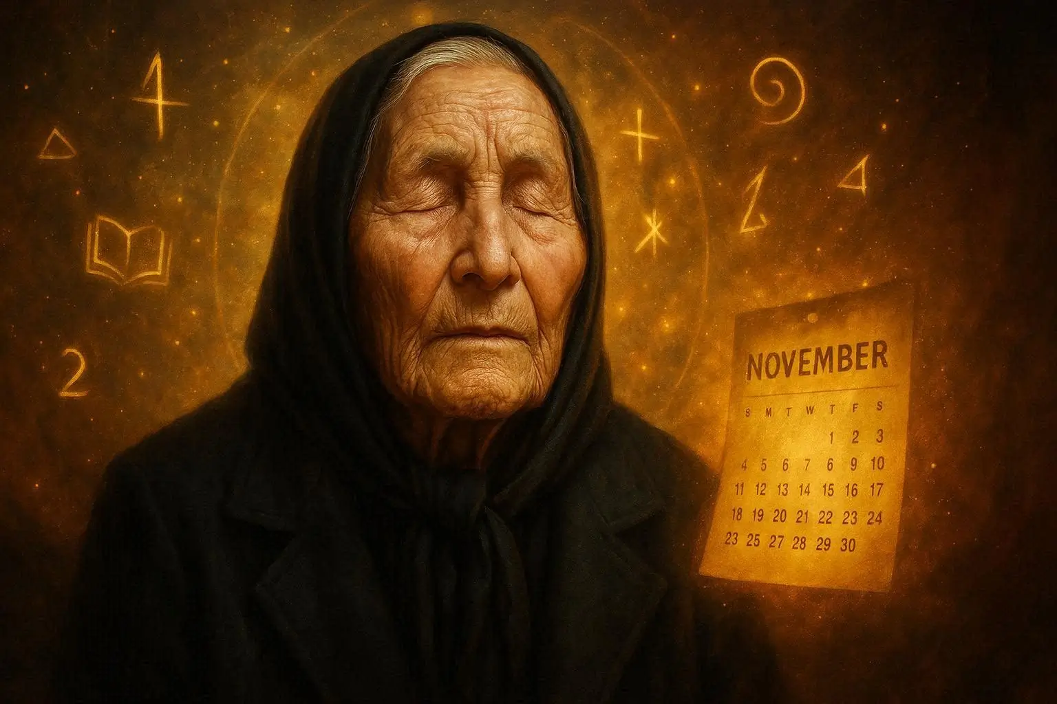 Imagem artística de Baba Vanga com olhos fechados, cercada por uma aura dourada, símbolos esotéricos flutuantes e uma página de calendário destacando o mês de novembro.