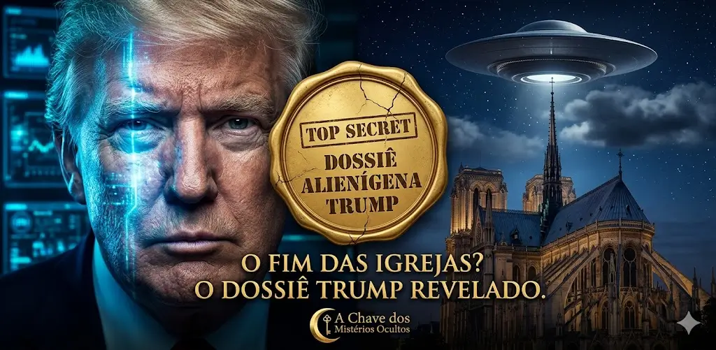 Uma capa de thumbnail cinematográfica 1280x630 com um efeito de ecrã dividido. O lado esquerdo mostra um close-up dramático do rosto sério de Donald Trump, parcialmente iluminado por um brilho azul tecnológico. O lado direito exibe uma catedral gótica sob um céu noturno escuro, com um OVNI discoide clássico pairando acima do pináculo principal. No centro, sobreposto, está um selo dourado de "TOP SECRET" e o texto "O FIM DAS IGREJAS? O DOSSIÊ TRUMP REVELADO." O logótipo dourado de A Chave dos Mistérios Ocultos está na parte inferior.