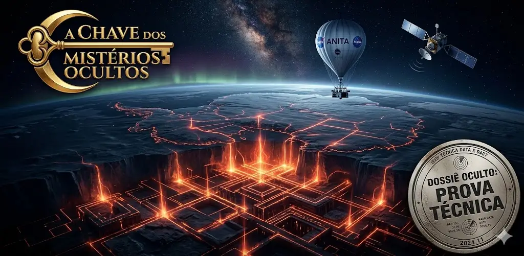 Uma capa de thumbnail cinematográfica com visão estratosférica da Antártida à noite. Pulsos de energia laranja e vermelha emergem de baixo do gelo, desenhando contornos de ruínas geométricas ocultas. Silhuetas de um satélite e do balão ANITA da NASA observam do alto. Logotipo dourado de A Chave dos Mistérios Ocultos e um selo escrito DOSSIÊ OCULTO: PROVA TÉCNICA.