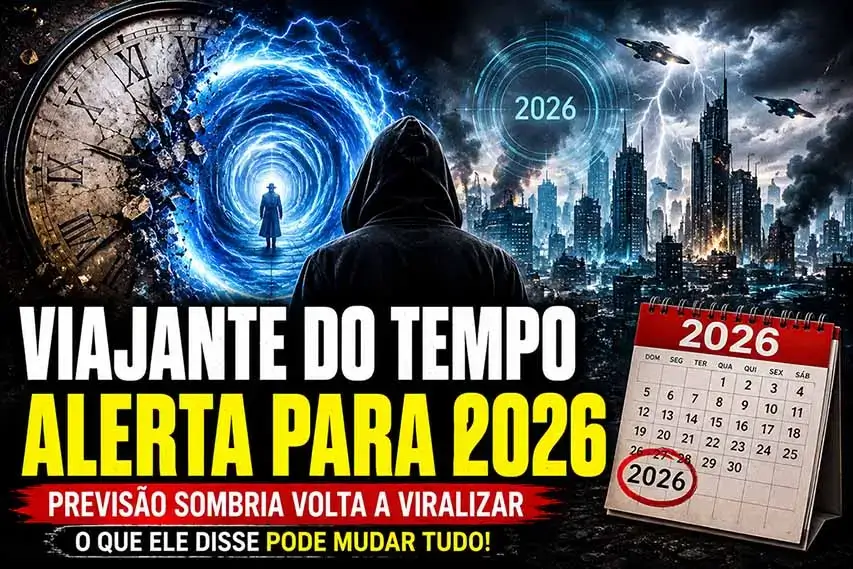 Ilustração de um viajante do tempo diante de um portal temporal, com cidade futurista, relógio quebrado e destaque para 2026.