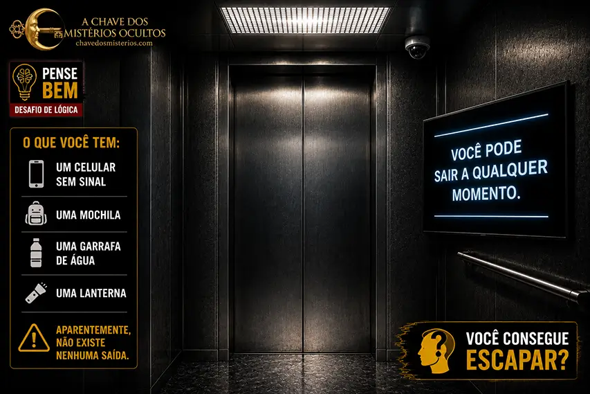 Ilustração do desafio de lógica "Você Consegue Escapar? – O Elevador Sem Botões", mostrando um elevador sem botões, uma tela com a mensagem "Você pode sair a qualquer momento" e elementos que desafiam o leitor a encontrar a saída usando apenas o raciocínio lógico.