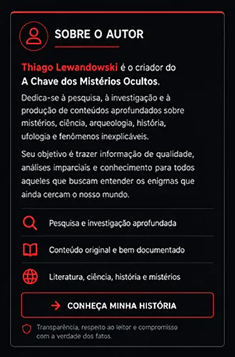 Widget "Sobre o Autor" do A Chave dos Mistérios Ocultos apresentando Thiago Lewandowski, criador do site e pesquisador dedicado à produção de conteúdos sobre mistérios, ciência, arqueologia, história, ufologia e fenômenos inexplicáveis.