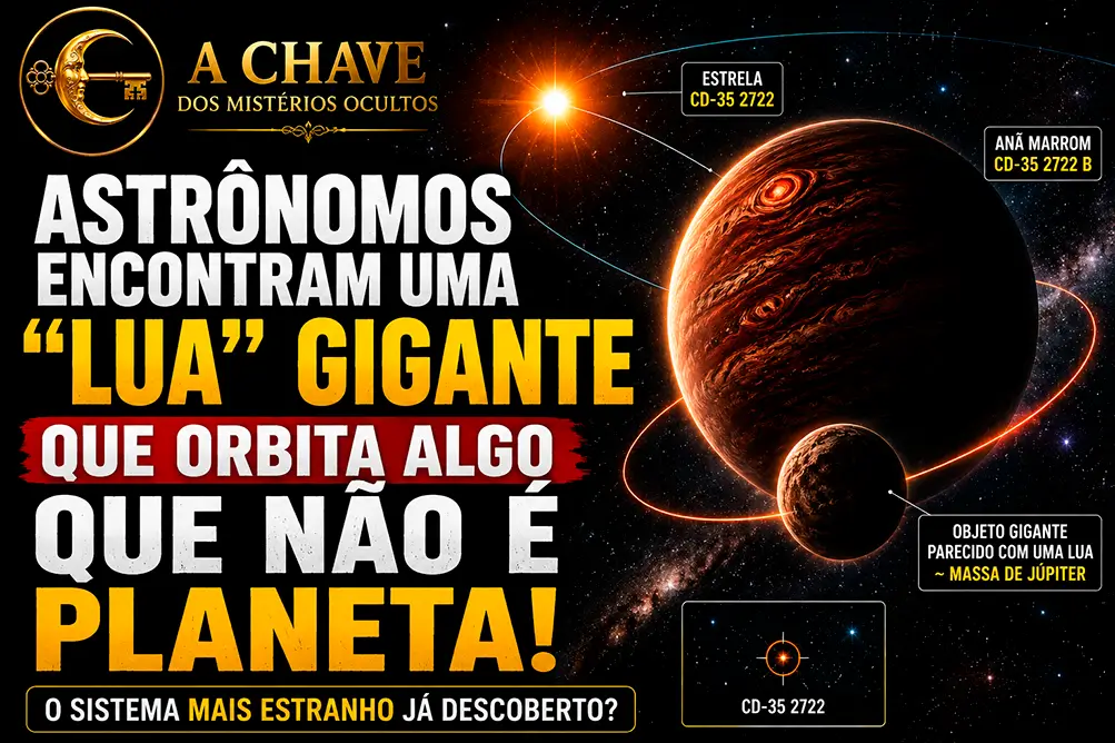 Montagem ilustrativa de um sistema estelar com uma anã marrom e um objeto gigante semelhante a uma lua, acompanhada de representação artística da descoberta e da identificação da estrela CD-35 2722.