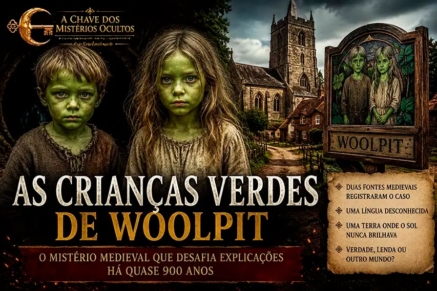 Montagem das Crianças Verdes de Woolpit diante de uma igreja medieval e da vila inglesa