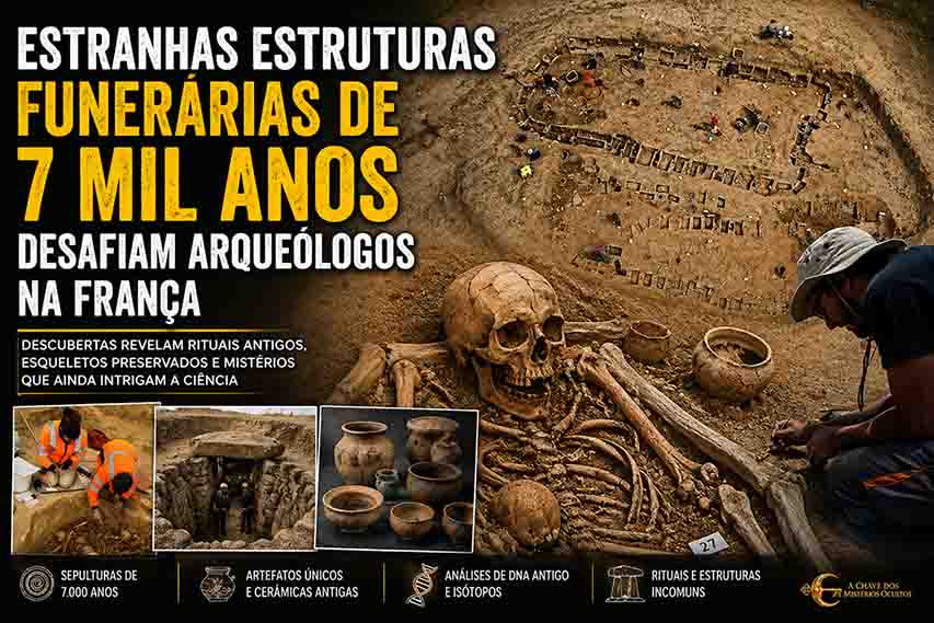 Montagem mostrando escavações arqueológicas, estruturas funerárias neolíticas, esqueletos preservados e arqueólogos investigando um sítio de aproximadamente 7 mil anos descoberto na França.