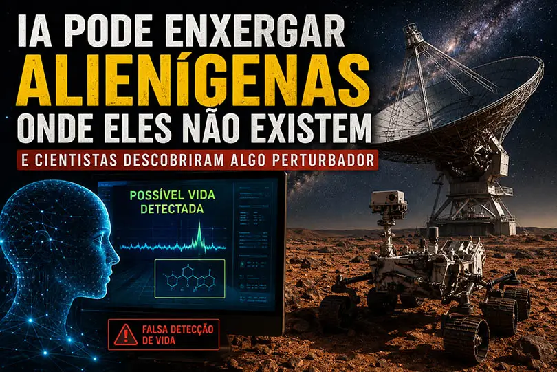 Montagem ilustrativa mostra uma inteligência artificial analisando possíveis sinais de vida extraterrestre ao lado de um radiotelescópio e um rover explorando Marte.