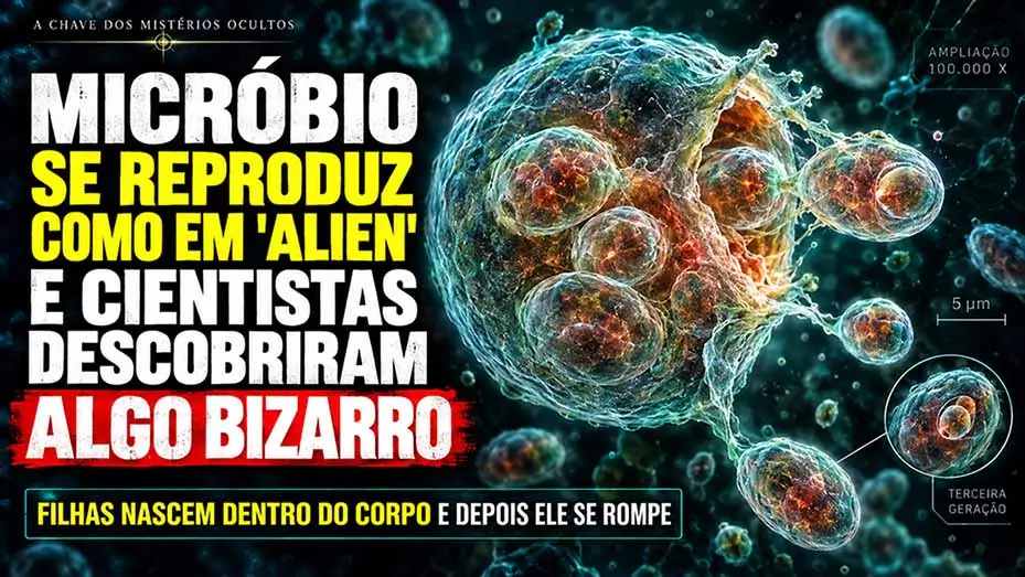 Ilustração de um micróbio produzindo células-filhas dentro do próprio corpo, representando a reprodução incomum de Caledochytrium aldermanii.