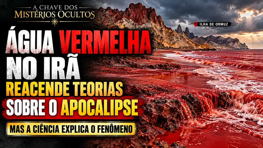 Ilustração da Ilha de Ormuz com praia e água intensamente vermelhas, representando o fenômeno que reacendeu teorias sobre o Apocalipse no Irã.