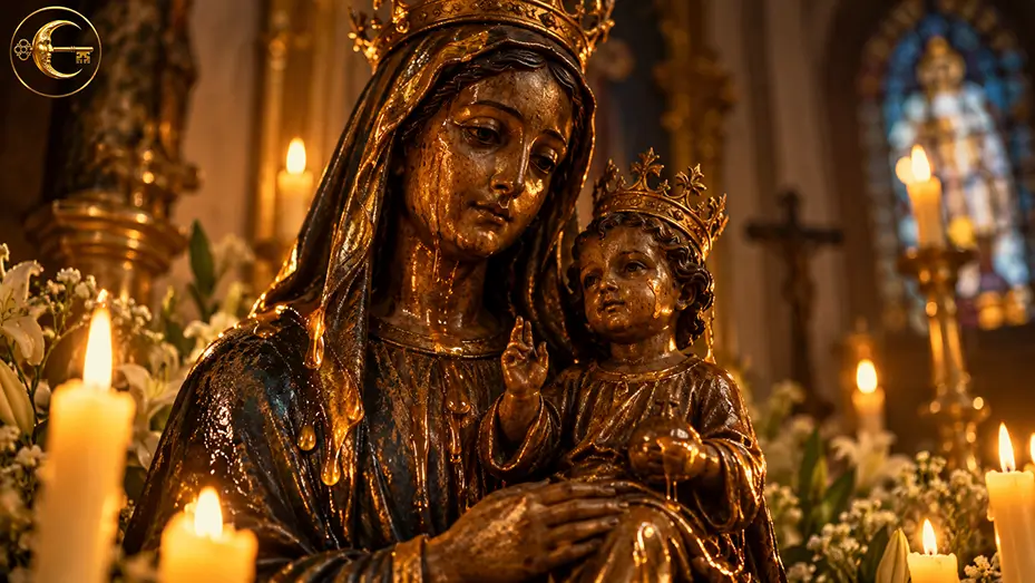 Ilustração de Nossa Senhora com o Menino Jesus em um altar iluminado por velas, com gotas douradas representando simbolicamente os relatos associados a Nossa Senhora do Mel.
