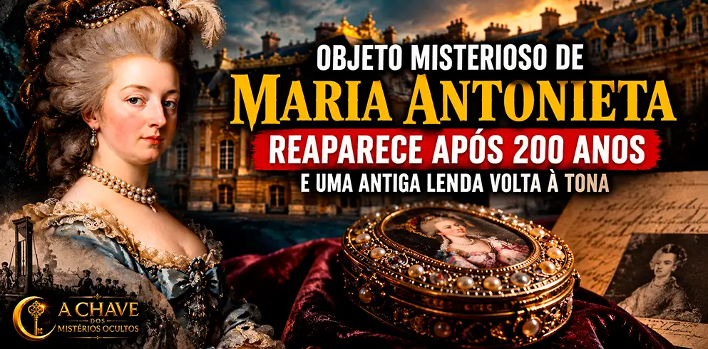 Maria Antonieta diante de um palácio francês, acompanhada de uma caixa de joias ilustrativa e do título sobre o misterioso objeto que reapareceu após 200 anos.