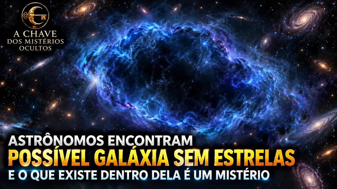 Representação artística de uma possível galáxia sem estrelas, com núcleo escuro, nuvens azuladas e matéria invisível, cercada por galáxias distantes.