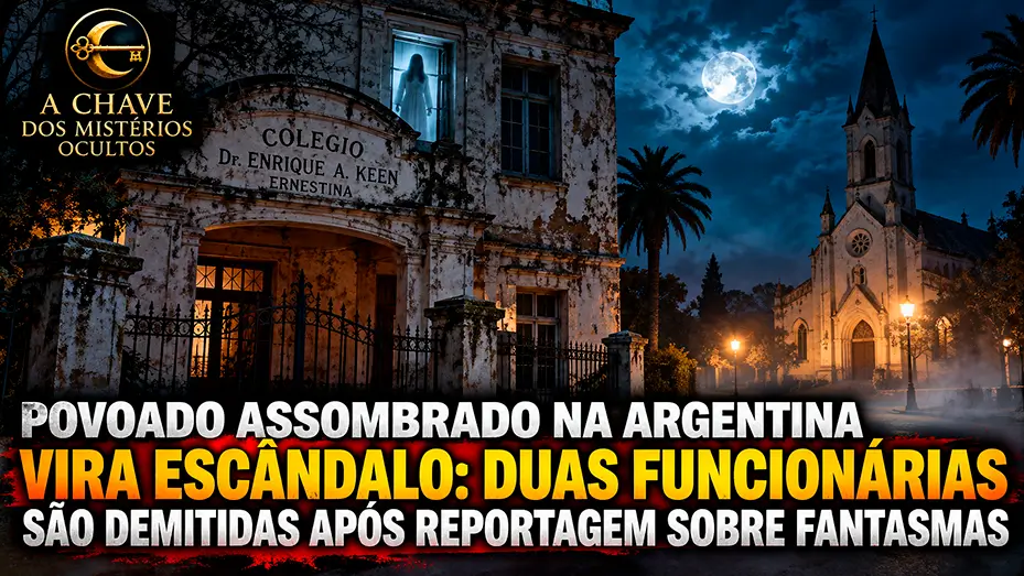 Montagem sombria do povoado de Ernestina, na Argentina, mostrando um antigo colégio com uma figura fantasmagórica na janela e uma igreja sob a lua cheia.